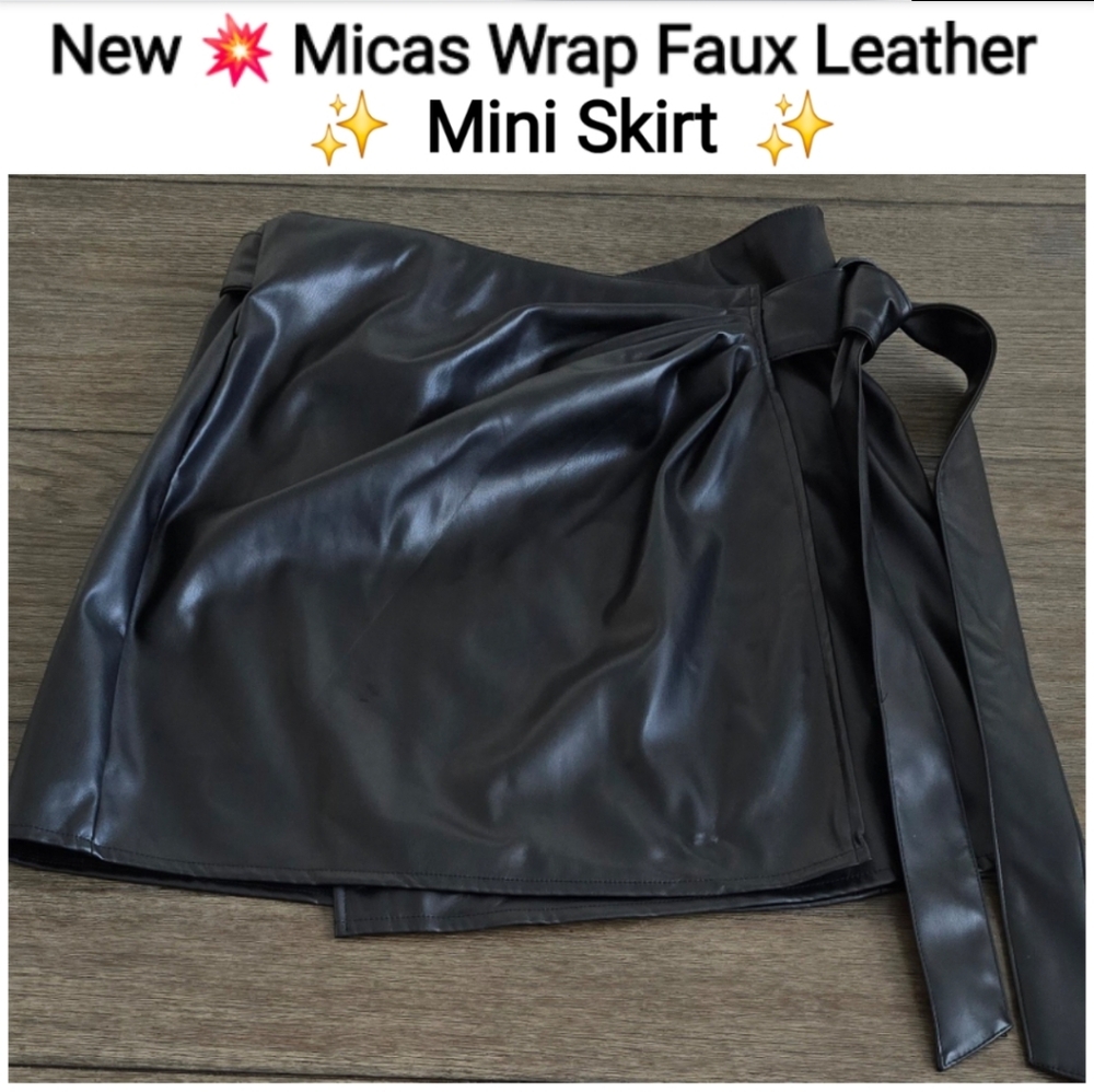 MICAS Black Faux Leather Wrap Mini Skirt, Size L